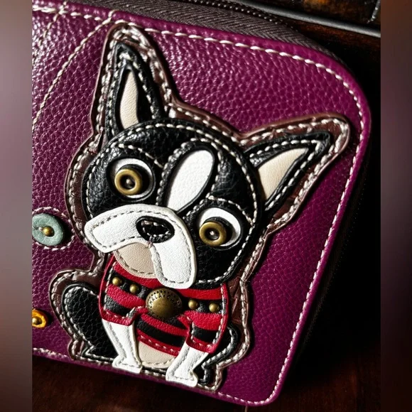 NEW Chala Boston Terrier Dog Zippered Bifold Wallet Faux Leather Purple - Picture 5 of 10